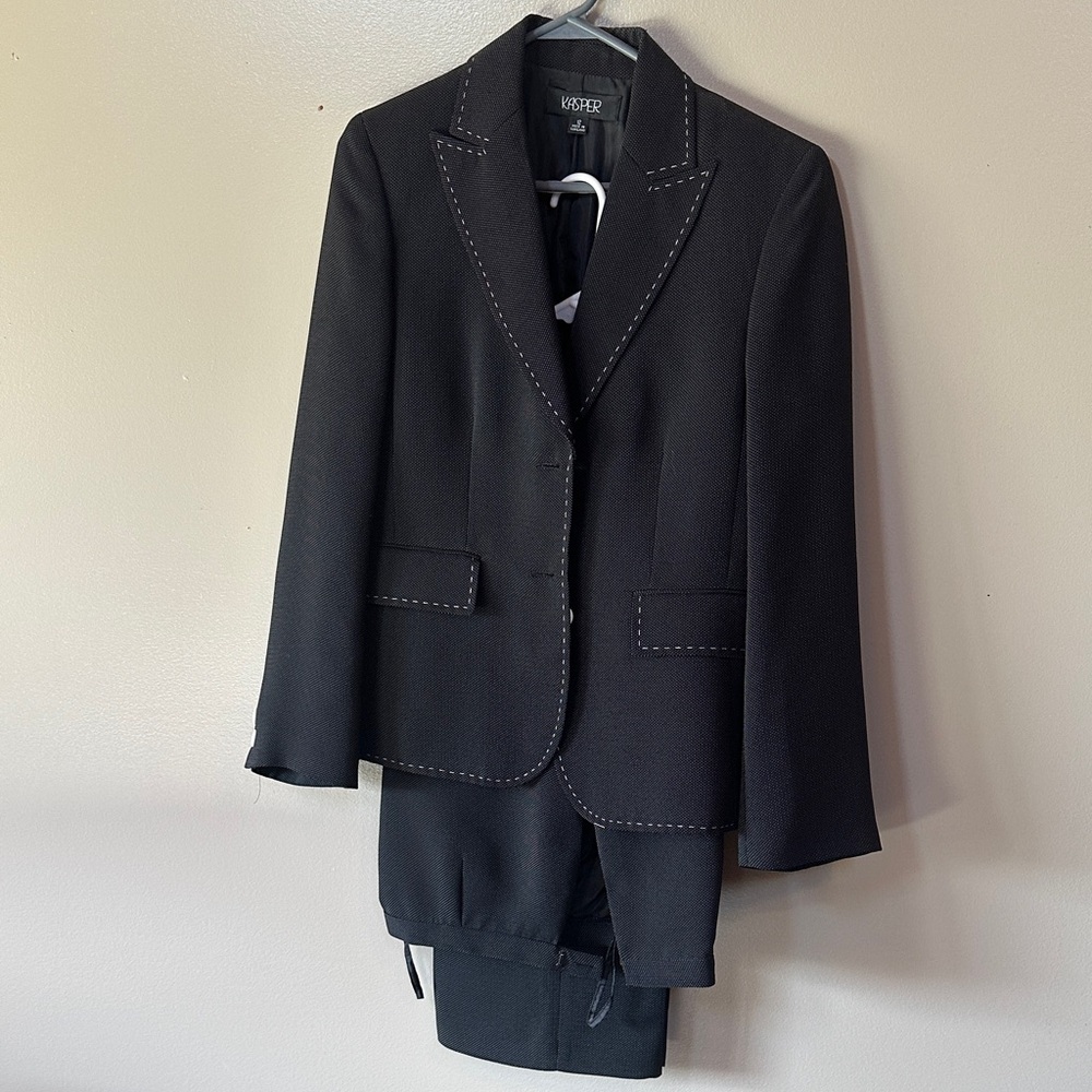 Kasper Women's Black Suit Jacket with Stitch Detail and matching wide leg slacks